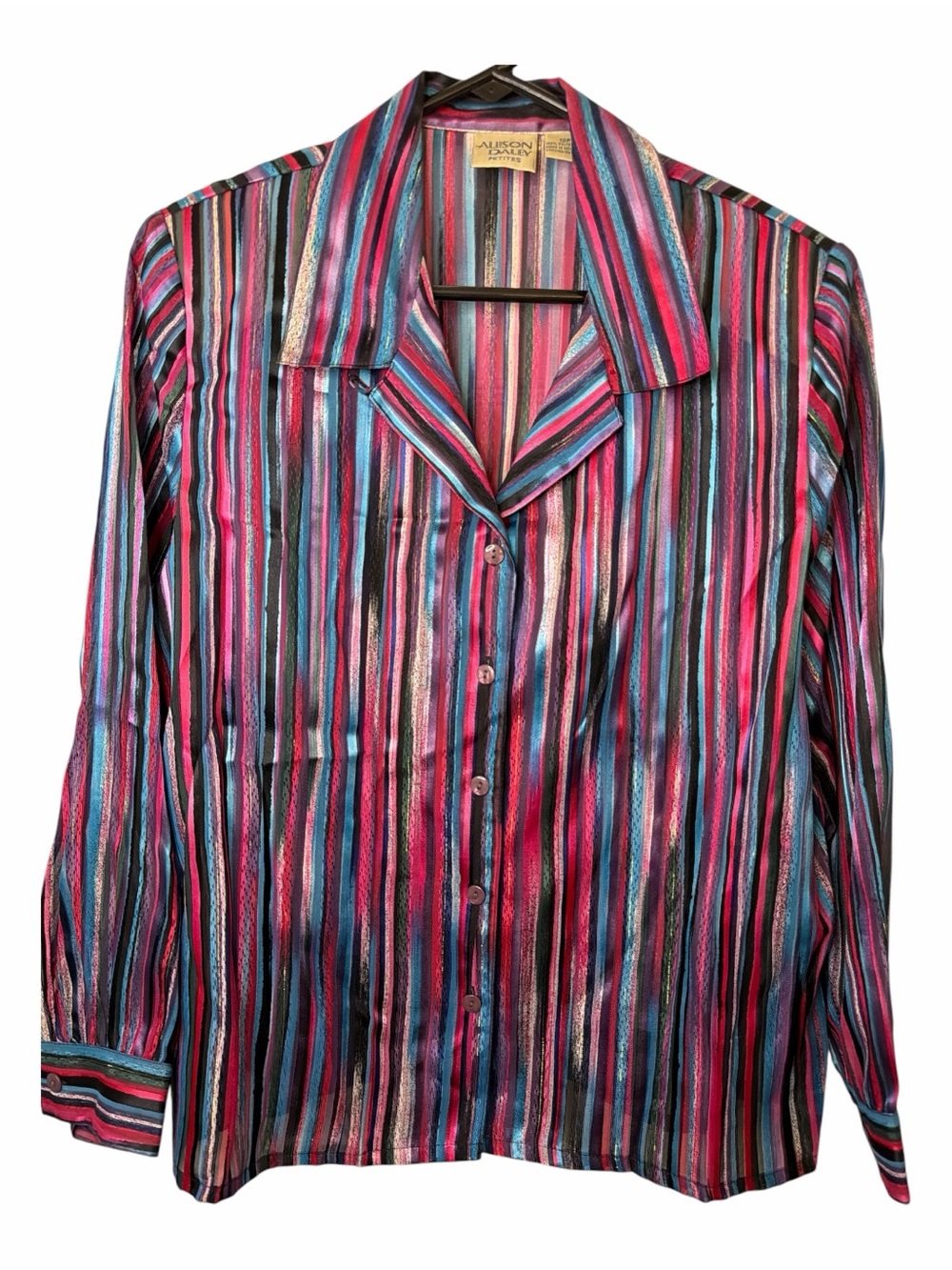 Vintage Allison Daley Button Up Shirt Women Blue Pink Stripe Metallic L/S Top